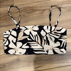 Black Floral Bandeau Bikini Top with Beige and White Print